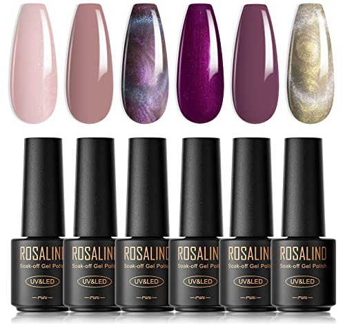 ROSALIND UV Nagellack, 6 Farben Mini Cat Eye Nagellack, UV Set Nackt Hellrosa Glitzer Soak Off Nail Polish French Manicure für Frauen Mutter Geschenkset DIY zu Hause