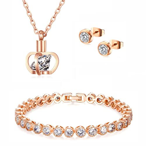 KIM JOHANSON® Damen Schmuckset *Crown* in Roségold I Halskette mit Anhänger & Ohrringe aus Edelstahl I Ohrstecker I Hochzeit I Gold Set für Frauen I Kristall Armband I Wasserfest inkl. Schmuckbeutel