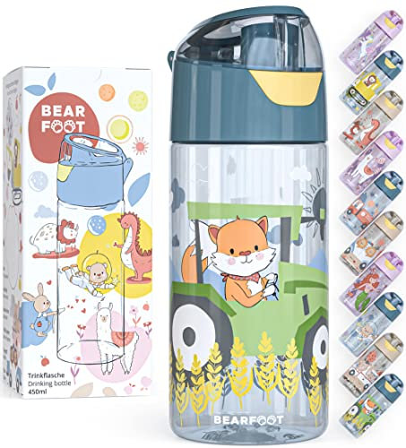 BEARFOOT Trinkflasche Kinder 450ml, leichte Tritan Wasserflasche, BPA frei, auslaufsicher, Kohlensäure geeignet, spülmaschinenfest für Jungen, Mädchen, Kindergarten - (Blau - TraktorFuchs)