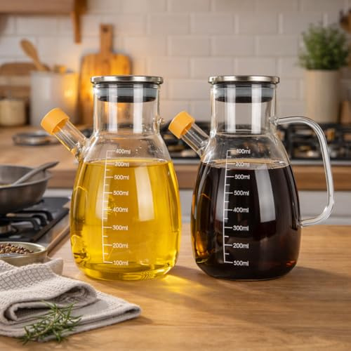 Eden & Willow Glass Olive Oil Bottle, Vinegar Cruet Bottle with Non-Drip Spout – Kitchen Cooking Oil Dispenser Drizzler with Stainless Steel Lid and Handle, Set 2 (800ml)
