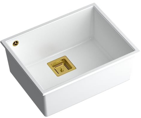 QUADRON Einbeckenspüle Granitspüle Spüle Küche | Größe 55 x 42 x 22,5 cm Farbe: Weiß & Golden | DAVID 50 Einzelbecken Küchenspüle | Granit Spülbecken | mit manuellem Siphon