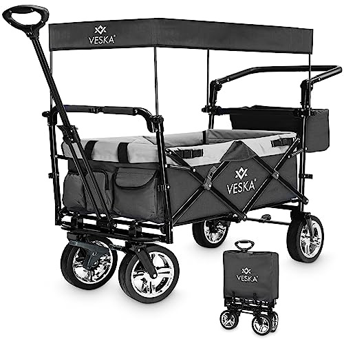 Bollerwagen faltbar mit Dach, Moskitonetz, Regencover, Handwagen Transportwagen | 2 Sitzer, Gurtsystem | klappbar | Vollgummi-Reifen | bis 80 kg | Vorder- und Hinter-Bremse + Tragetasche (anthrazit)
