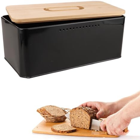 AKOLAFE Brotkasten Schwarz mit Holzdeckel 33x21x15cm Brotkasten Metall Schwarz Brotbox mit Deckel aus Bambus Langlebig brotkasten für Toastbrot Langanhaltende Frische, Lebensmittel, Brot
