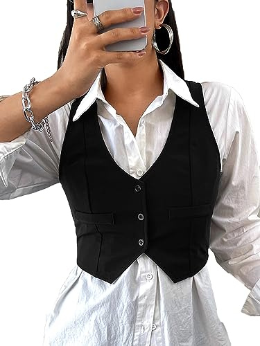 SweatyRocks Women's Solid Button Front Crop Waistcoat V Neck Sleeveless Blazers Vest Tops Black Medium