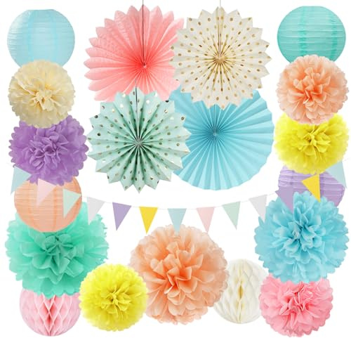 Pastel Rainbow Party-Decorations - 20pcs Pink Yellow Blue Classroom Ceiling Paper Lanterns Fans ,Girl Birthday Tissue Pom Poms,Honeycomb Balls,Bunting,Baby Shower Bridal Wedding Decor Burgleda