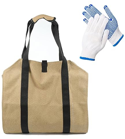 Canvas Brennholz Log Tragetasche Kamin Brennholz Extra Großer Kaminholzträger Holzkorb Brennholztasche mit Griffen Holzhalter Brennholztasche für Kamin, 2 Arbeitsschutzhandschuhen