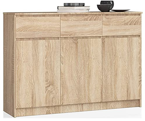 AKORD Kommode K 140 cm | 3 Schubladen und 3 Türen || für das Wohnzimmer Schlafzimmer Schrank Büro Arbeitszimmer | Modernes Funktionales Design Schichtstoffplatte 16 mm Farbe Eiche Sonoma