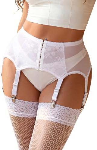 comeondear Sexy Strapsgürtel Damen Spitze Große Größen Strumpfhalter mit 6 Strapsen Dessous Set Erotische Unterwäsche für Mollige Frauen Hüfthalter Harness Garter Belt Plus Size(Weiß,XS-S)
