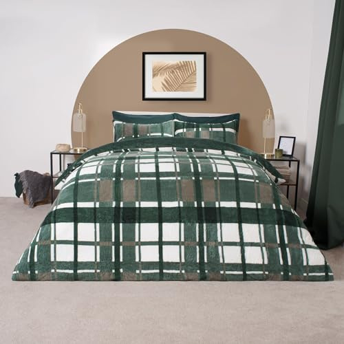 OHS Super King Duvet Covers Forest Green Teddy Fleece Check, Christmas Bedding with Pillowcases Quilt Covers Superking Duvet Cover Easy Care Warm Ultra Soft