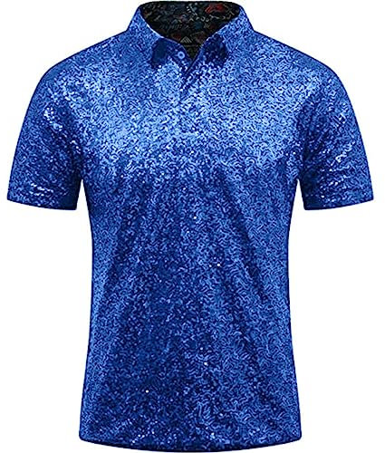 Herren Relaxed Short Sleeve Turndown Sparkles Pailletten Polos Shirts 70er Jahre Disco Nachtclub Party T-Shirts Hemd Überlänge Herren