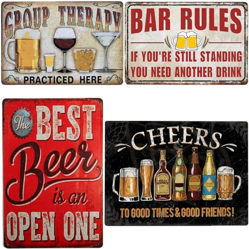 4 Pieces Bar Sign, Vintage Bar Signs for Home Bar Wall, Cheers Metal Tin Sign, for Home Bar Accessories Pub Club Garage Room Man Cave Decor Sign 8X12