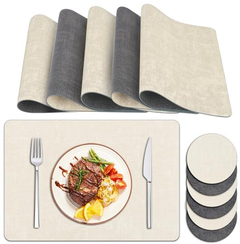 Tischsets Abwaschbar und Untersetzer, Zweifarbig Platzsets Abwaschbar Lederoptik Fleckabweisend Platzdeckchen Abwischbar mit Untersetzer Waschbar (Grau Cremeweiß, 6er Set)