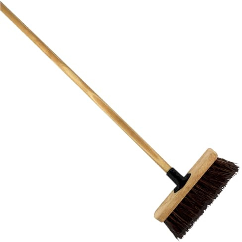 10-Inch Bassine Broom - Heavy-Duty Outdoor Sweeper with Wooden Handle - Perfect for Small Patios, Decks, and Gardens - Durable Bristles for Leaves, Dirt, and Debris