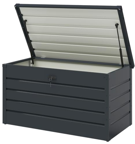 STEELSØN Auflagenbox Dorado für den Garten wasserdicht, Aufbewahrungsbox Garten 350 L mit klappbaren Deckel, Gartenbox aus Metall verzinkt Anthrazit