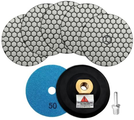 SHDIATOOL Dry Diamond Polishing Pads - Grit 50 6pcs and Rubber Backer Pad (1Set) With Round Shank 100MM Concrete Diamond Sanding Discs Marble Granite Stone polishing