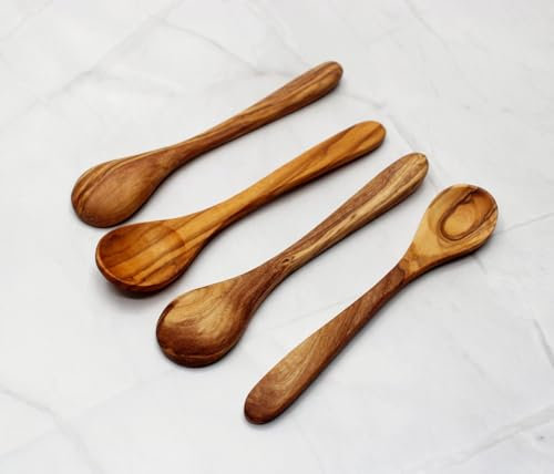 DAGDEG 4 Stück Olivenholzlöffel – 14 cm kleine Löffel für Marmelade, Tee, Zucker & Dessert – Naturprodukt handgefertigt