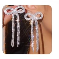 fxmimior Women Bridal Silver Bow Rhinestone Earrings Dangling for Women Chandelier Statement Tassel Earrings Sparkly Drop Crystal Earrings Halloween Long Dangle Earrings