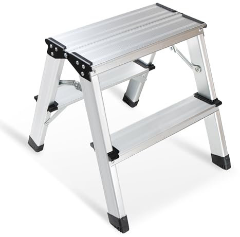 2 Step Ladder, Aluminum Folding Step Ladder, Portable Small Kitchen Step Stool, Lightweight with Widen Pedals by Glosiory, Solid Handy Metal Step Stool for Home, Kitchen, RV, SUV, Garage, 330lbs