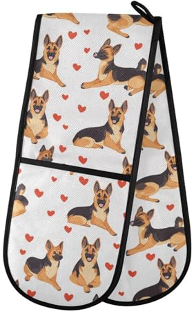 Double Oven Gloves Cute German Shepherd Dogs Hearts Heat Resistant Pot Holder Oven Mitt Gloves for BBQ Cooking Baking Grilling Microwave