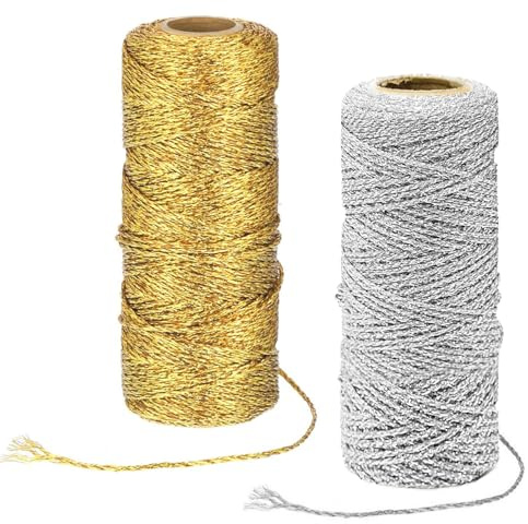 Goldfaden, 1MM Kordel Gold, 200M Goldene Kordel, Kordel Weihnachten Gold Schnur, DIY Bastelschnur Verpackungsschnur Unelastisch für Weihnachten Dekoration, DIY Basteln, Geschenkverpackung(Gold+Silber)