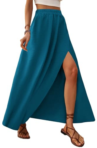 Zeagoo Damkjol, elegant, tryckt sommarkjol, boho, strandkjol, lös passform, hög midja, maxikjol, A-linje, mjuk, långkjol med slits, Mörk påfågelblå, XXL