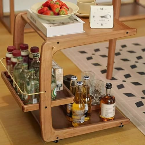 Table d'Appoint Bout de Canapé à roulettes Conception Structurelle de Type E Matériau en Bambou Table d Appoint Salon 52×43.4×50cm，pour Salon Chambre，Noyer