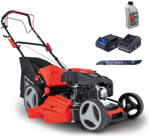 Scheppach Tondeuse à Gazon à Essence MS200-51E – Tondeuse Hybride à démarrage électrique – 5,2 CV / 3,8 KW – Largeur de Coupe 51 cm – Bac de 65 l – Hauteur de Coupe réglable (Avec lame + huile moteur)
