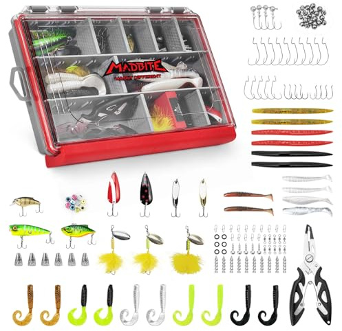 MadBite by KastKing 143pcs Freshwater Fishing Lure Kit, Includes Crankbaits, Poppers, Spinners, Hooks, Weights, and Other Fishing Accessories, Bass/Panfish Tackle Kit with 3600 Tackle Box and Pliers