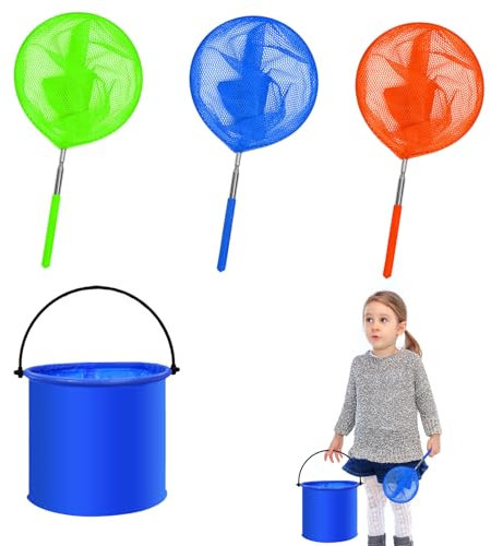 4 Pack Fishing Nets for Kids and Foldable Bucket Set, Telescopic Butterfly Net, Fishing Nets for Kids, Kids Bug Butterfly Catcher, 3 Colours Mesh Nets for Beach Ponds Pool Outdoor Garden Activities