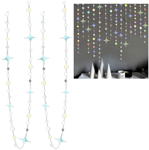 2pcs Runde und Stern Garland Papier Iridescent,Deko Party Papier Girlande(2 * 3.5M) Schillernde Stern-Mond,Schnur Hängend Dekorationen,Hängende Halbmond und Twinkle Little Star Streamer Banner