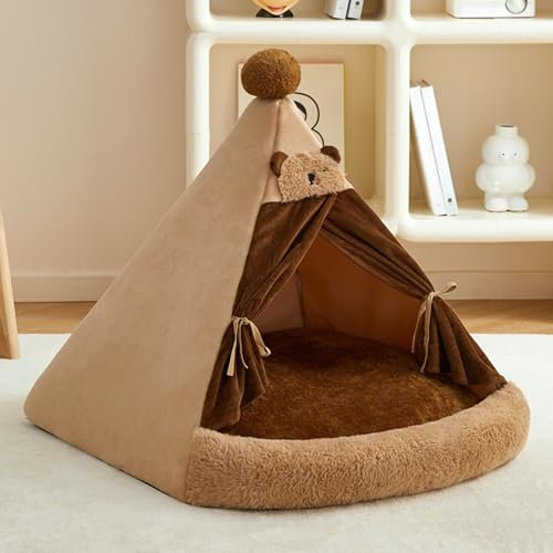 UUE Tipi Zelt für Haustiere Hundezelt mit doppelseitigem Kissen Katzenzelt Haustierzelte Häuser Kissen Abnehmbar und Waschbar, Haustierbett Wegklappen Haustier Hundebett Katzenbett 50x48x53,5cm