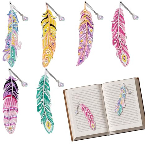 Noaxylic 6 Stück Diamond Painting Lesezeichen Set, Diamond Painting Lesezeichen Set Feder, Diamant Malerei Bookmark mit Anhänger Kristall, Kinder Erwachsene für DIY Kunsthandwerk Geschenk