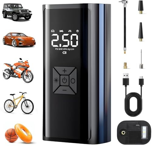Elektrische Luftpumpe, KitGody 150 PSI Tragbarer Akku Kompressor mit Digital Display & Auto-Stopp, 4 Modi Luftpumpe für Auto, Motorrad, Fahrrad, Bälle, Mit LED-Licht, Type-C und Powerbank-Funktion