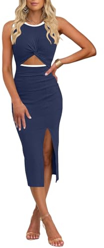 MISSJOY Womens Sleeveless Cut Out Twist Front Side Slit Party Midi Dresses | Ribbed Knit, Crew Neck, Vacation Outfits for Women, Beach, Cruise, Lightweight, Stretchy, Sexy Bodycon Dresses, Tank Dresses