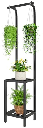 IBUYKE 170cm de Haut Support pour Plantes d'Intérieur et d'Extérieur, 3 Étagères Suspendues Support Pot de Fleurs en Métal, Étagère à Plantes pour Salon Balcon Jardin, Noir TMJ076B