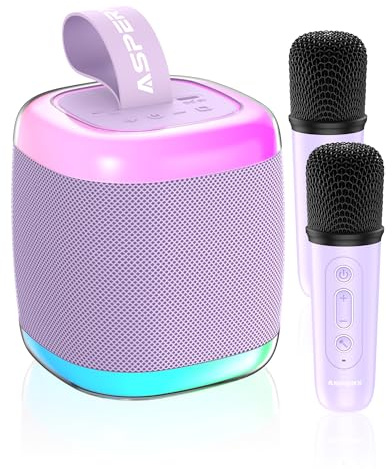 Mini Karaoke Machine for Kids Adults, Portable Bluetooth Speaker with Led Lights, 2 Wireless Microphones, Portable Singing Machine Toys Birthday Gifts for Girls Family Home Party (Purple)