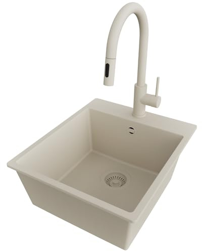 PRIMAGRAN Fregadero Granito al Mueble 45cm + Grifo, 43x50cm | Set: Grifo BW9010 + Kit de desagüe (sifón, válvula, rebosadero) + Riga 1 Seno para Cocina, Todo Beige