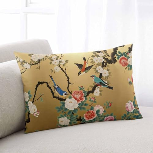 Vintage Spring Floral Throw Pillow Covers Standard Size 20x26 Inches, Rectangle Decorative Pillowcase with Zipper, Retro Birds Flowers Pillow Sham Cushion Case Protectors for Sofa Couch Car Bed