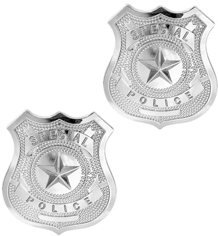 2 Piezas Insignia de la Policía,Placa De Policía,Juego de Simulación policia Insignia,para Disfraz de policia de Juguete Accesorios para Carnaval Halloween Fiesta(Plateado)