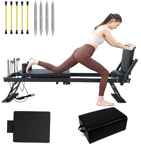 Pilates Reformer Machine, Pilates Reformer Maschine für Zuhause mit Doppeltwiderstand, 4 Federn und 5 Seile für Zuhause und Fitnessstudio,B