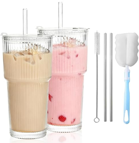 Eidoct 2PCS 600ML Ribbed Glass Tumblers with Lids and Glass Straws | Lead-Free Premium Glass Set Leakproof Glass Cups Iced Coffee Cup Ideal for Iced Coffee, Smoothies, Cocktails, and Juices