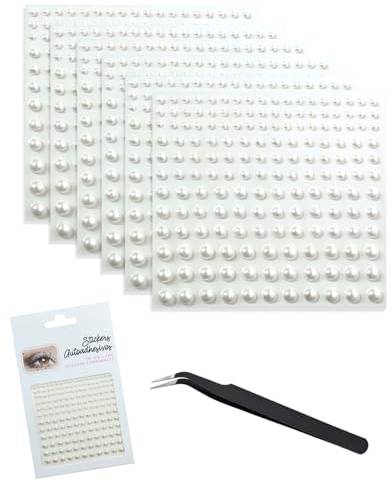 TISCH Brillantini Strass Perle Adesive 6 Fogli Bianchi Autoadesivi con Pinzette per Viso, Unghie, Capelli, Trucco e DIY