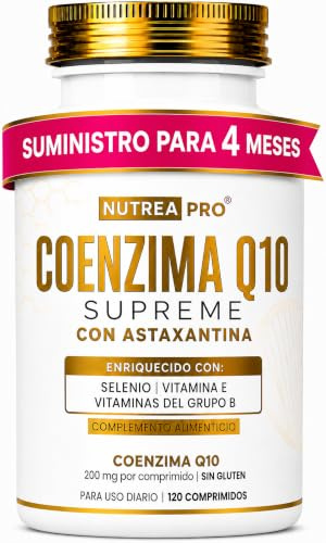 Coenzima Q10 200mg Fórmula Supreme con astaxantina natural pura, Vitaminas B2, B6, B12, Vitamina E y Selenio | 120 Cpr (4 Meses) | Q10 coenzima NUTREA PRO®