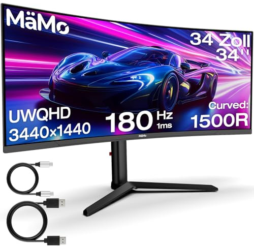 MäMo Gaming Monitor, 65W USB-C: 34 Zoll Curved 180Hz 4K | 4K (3440 x 1440 UWQHD) Ultrawide 21:9 Monitor Gaming 1500R VA. 180Hz, 1ms, 99% sRGB. HDMI 2.1, DP 1.4, RGB, höhenverstellbar