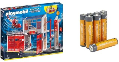 PLAYMOBIL City Action 9462 Große Feuerwache mit Soundeffekten, Ab 5 Jahren + Batterien: Amazon Basics Pack of 8 x AAA