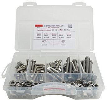 Sortiment DIN 933 M6 Edelstahl A4 200 Teile ; Sechskantschrauben mit Gewinde bis Kopf inkl. Muttern DIN 934, Unterlegscheiben DIN 125, Material VA V4A
