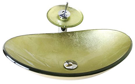 HomeLava Modern Waschbecken Set Glas Oval mit Wasserfall Wasserhahn
