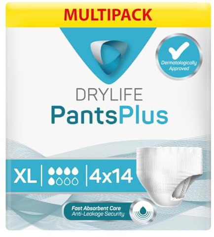 Drylife Pants Disposable Pull-Up Unisex Incontinence Pants | 3000ml Absorbency, Overnight Protection, Dry Feel Technology Anti-Leak Security, Breathable Material (XL (Pack of 56), Plus)