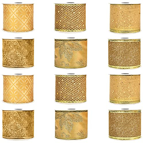 Belle Vous Nastro Dorato per Decorazioni (12pz) - Organza Rotolo Nastro Natalizio Assortiti da 2,7 m x 63 mm - Nastri Decorativi per Albero di Natale, Decorazioni Natalizie Oro, Nastri Pacchi regalo