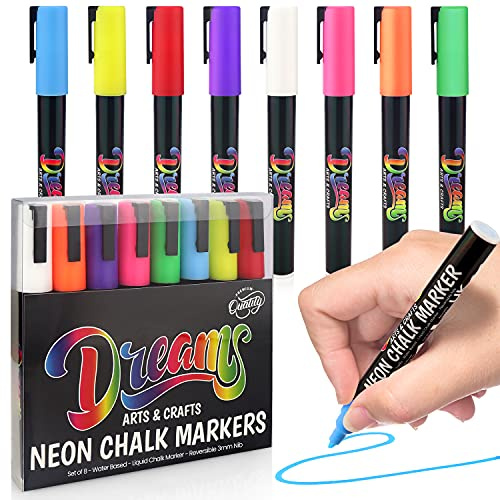 The Glowhouse Premium marqueur à craie, pointe fine, néon, crayons à craie liquide, 3 mm, lavable, marqueur pour fenêtre, lot de 8 stylos